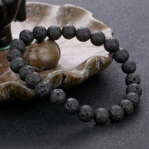 Unisex 8mm Black Volcanic Lava Rock Beaded Stretch Bracelet NEW